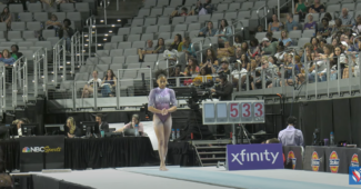 Skye Blakely in a purple leotard at the end of the vault runway.